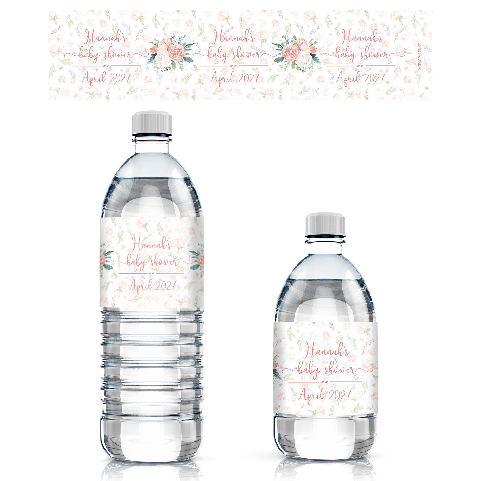 Personalized Pink Floral: Baby Shower Water Bottle Labels - 24 Stickers